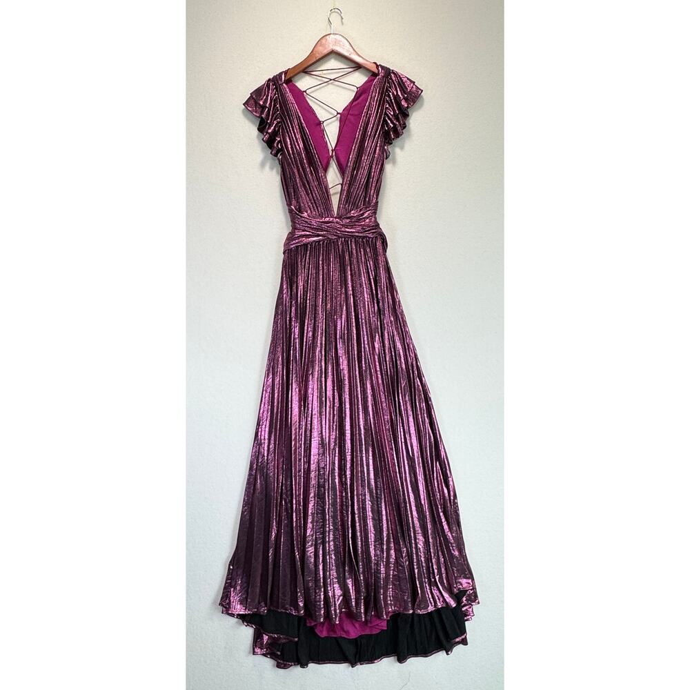 Ieena for Mac Duggal Ruffle Sleeve Metallic Gown Pleated Lace-Up Back Dress 12 - Picture 5 of 15